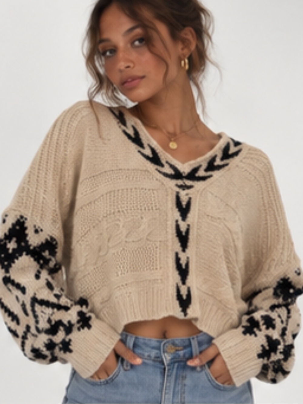POL Beige Cropped V-Neck Sweater with Black Embroidered Trim